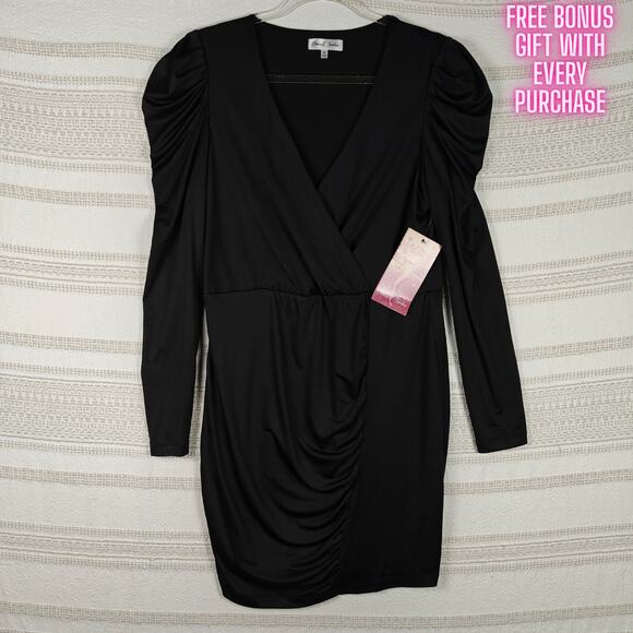 Emerald Sundae Black Puff Sleeve Ruched Mini Dress Size XL NWT - Picture 1 of 9